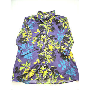 American Sweetheart Pop Art Floral VTG 80s Purple Green Collared Shirt Large